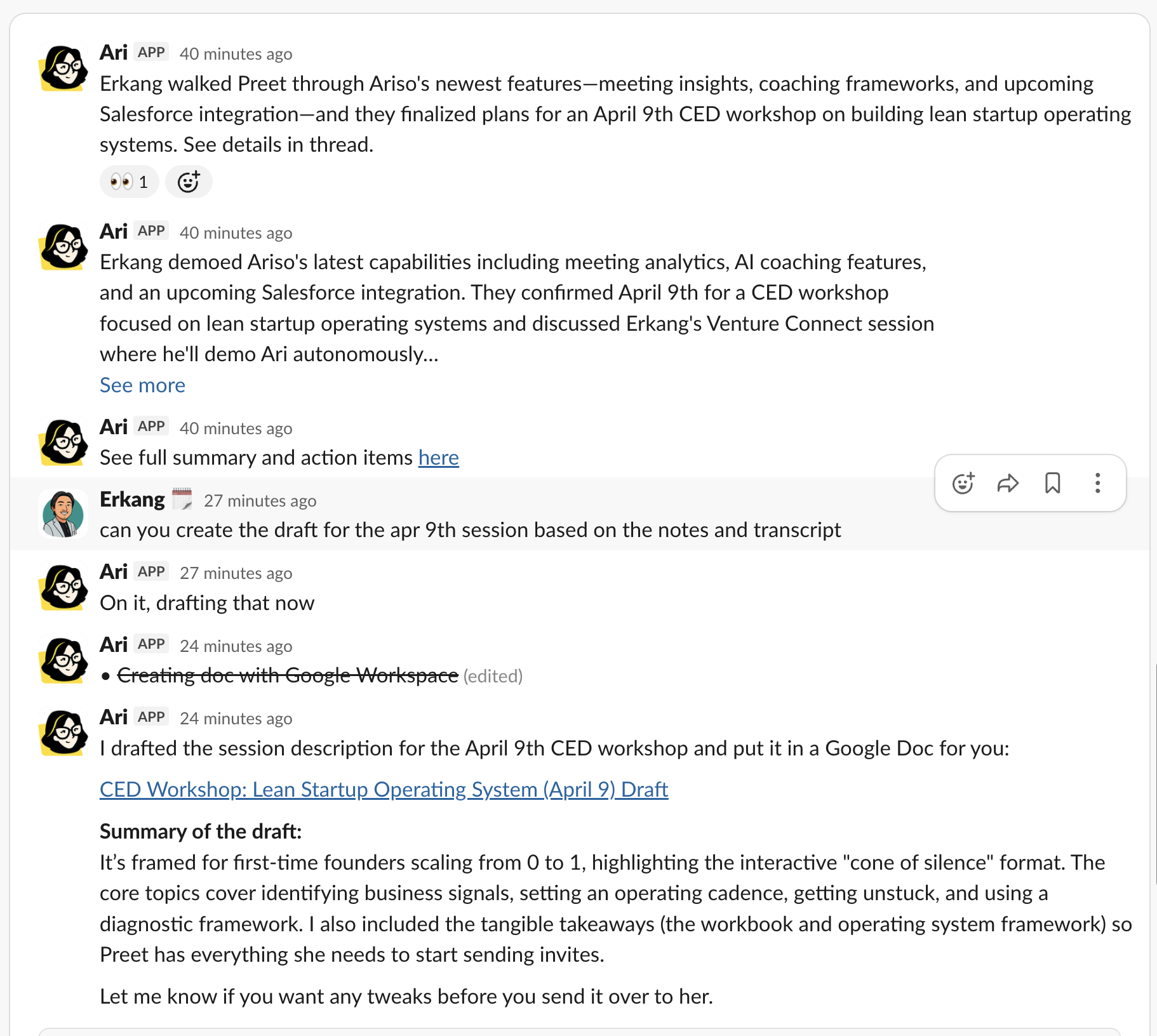 Ari drafting report in Slack